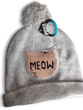 PUGS - Brand New Light Gray Color Shifting Sequin Cat Lovers Pom Pom Beanie